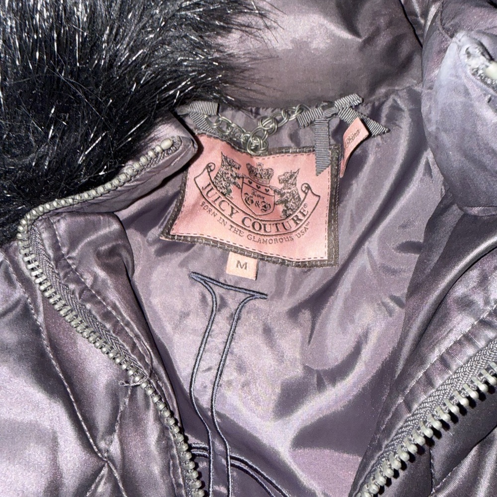 Juicy Couture Long Gray Puffer Coat with Faux Fur Trim Hood - Picture 4 of 5